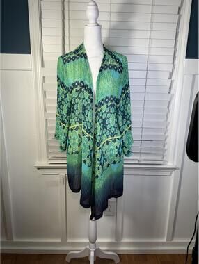 Catherines 2X Cardigan Blue Green Medallion Mesh Kimono Open Front Plus 22/24W